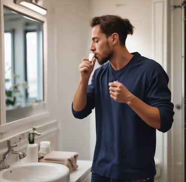 A woman holding a pill in her mouth