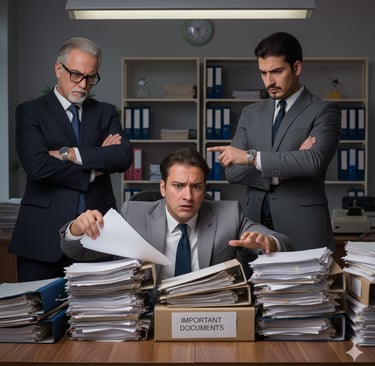 a man in a suit and tie is pointing at a box of documents