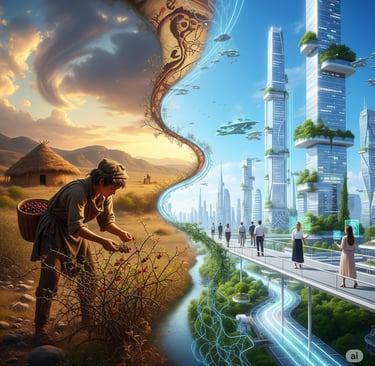 A single image split down the middle, contrasting the struggles of the past with the utopian present