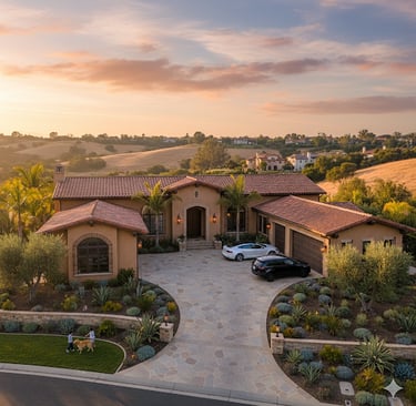 an aerial shot of a california house with huge driveway