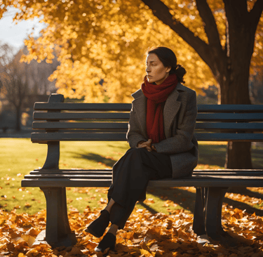 a woman sitting on a bench in a park