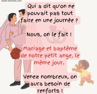 faire-part humoristique de mariage avec bapteme le meme jour