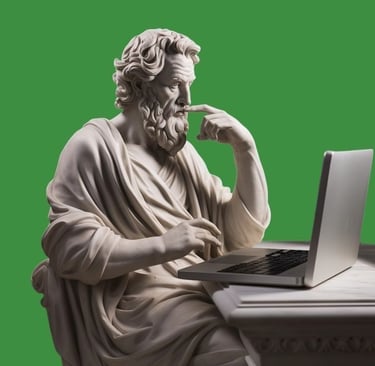 Statua che pensa davanti a un pc con un bilancio