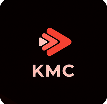KMC Logo in red on dark background