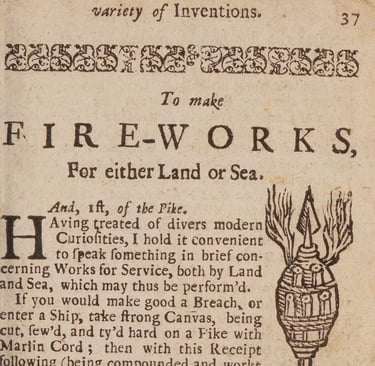 Fireworks instructions in an earlier version of Art’s Treasury entitled Hocus Pocus (c.1716).