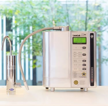 Enagic Leveluk SD501 Platinum  Kangen Water ionizer on a countertop featuring a sleek modern look