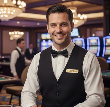 Male casino gaming dealer smiling in a black bow tie