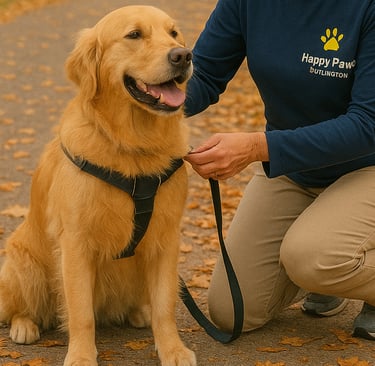Burlington dog walker adjusting dog harness before solo walk