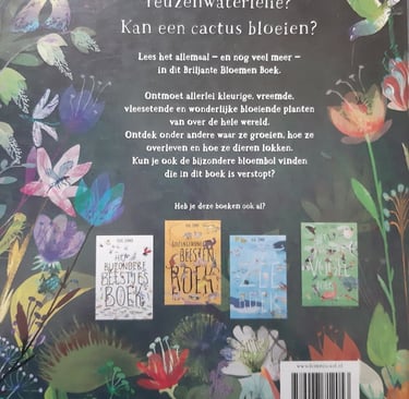 Achterzijde kaft Het Briljante Bloemenboek met 4 andere uitgaven schrijver Juval Zommer, Lemniscaat