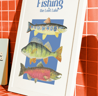 Poster Fishing in the loot lake orange tiles background