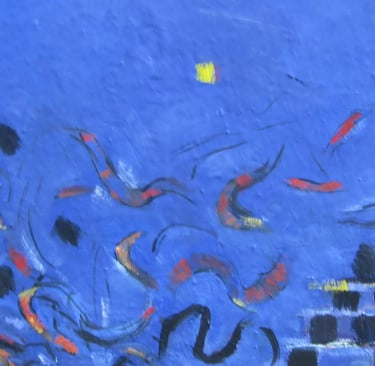extrait d'une peinture sur le thème des racines en bleue avec comme un soleil jaune