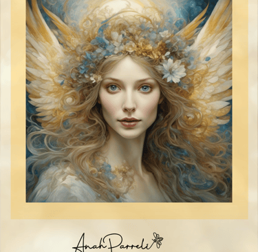 Beautiful and peaceful angel of communication. shades of gold,  blue and white.