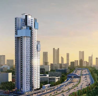 A vibrant city skyline featuring tall buildings against a bright sky, showcasing a mix of skyscraper