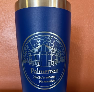 laser engraved drink tumbler with town logo