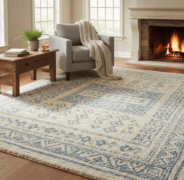 a living room with a fireplace and a couch placed on a woold rug