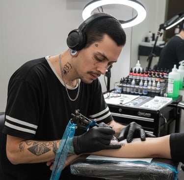 Baztiel Tattoo, tatuador chileno especializado en tatuajes neotradicionales y anime durante sesión