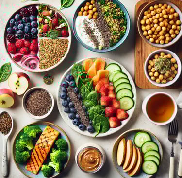 a variety of food items including fruits and vegetables
