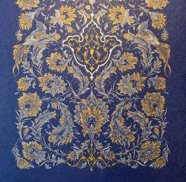a blue and gold colored floral design on a blue background