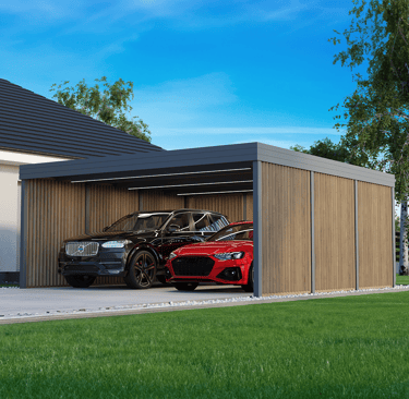 Nowoczesny carport samochodowy dwustanowiskowa z żaluzjami pionowymi
