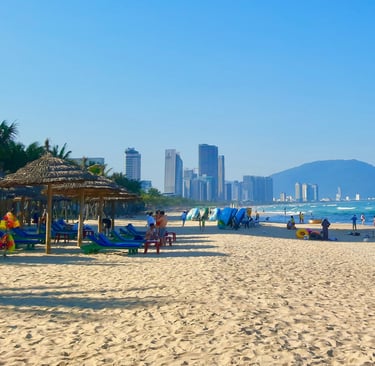 Distant perspective of My Khe Beach, highlighting the coastal scenery of Da Nang, Vietnam