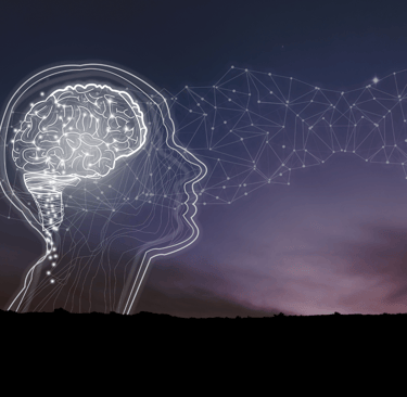 a stylized white line graphic of a head in profile with a glowing brain inside
