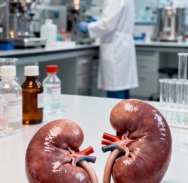 Ilustração de um laboratório com rins encima da bancada - Clearence de Àcido Úrico