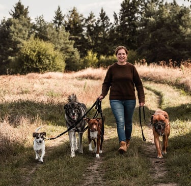 Marissa Füger von RIKA Hundeschule Wiesental mit ihren 4 Hunden am Waldrand