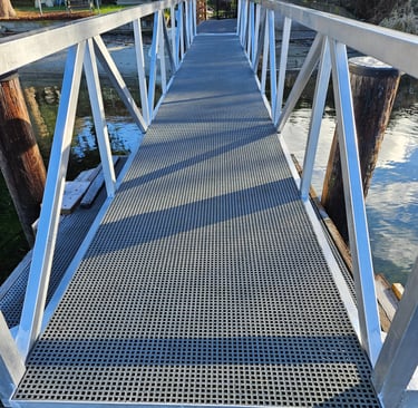 Commercial Marina Dock Gangway with FRP mesh installed.