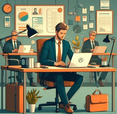 a man in a suit and tie is sitting at a desk with a laptop