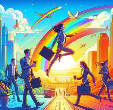 a woman jumping over a rainbow - colored cityscapeople