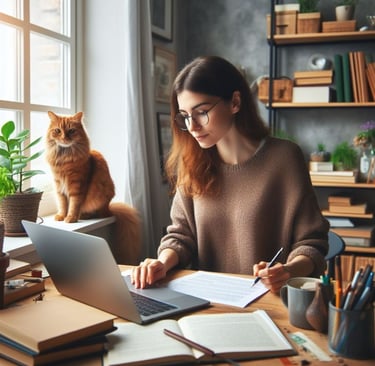 a woman sitting at a desk with a cat