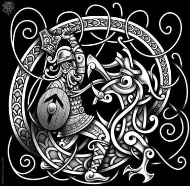 a drawing of a viking warrior in a celtic knot