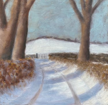 Original oil painting of a sunlit snowy lane with distant gate & hill