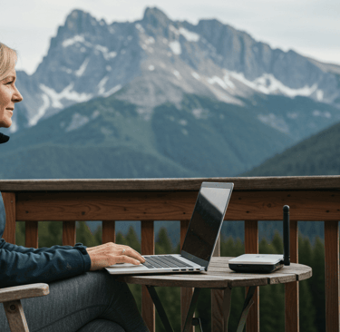 women working from the mountains using wireless travel router