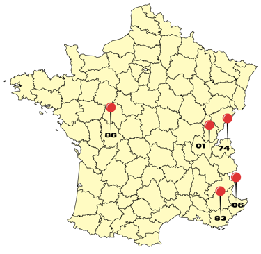 carte de France avec les lieux d'actions, vienne, Côte d'Azur, Ain, Haute-Savoie