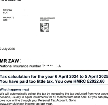 Tax calculation letter from HMRC