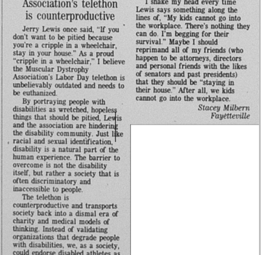 Photocopy of a letter to the editor written by Stacey which is titled "Association's telethon is counterproductive"