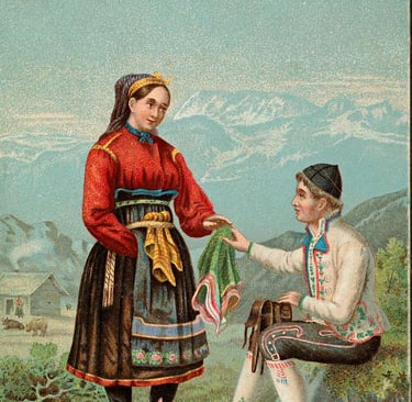 A painting of a main and woman in traditional costume with mountains in the background
