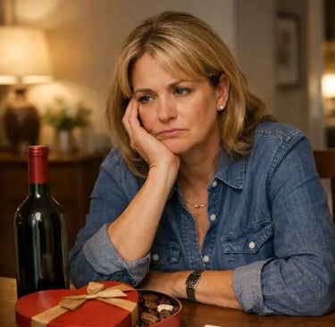 Eine Frau Sitzt am Tisch und macht sich Gedanken was sie Verschenken soll