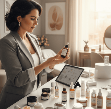 Propietaria de centro de belleza valorando muestras de cosmética con su marca propia en el envase