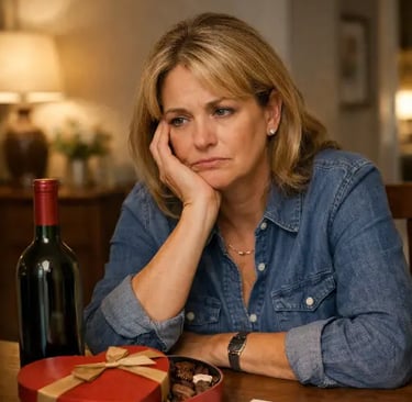 Eine Frau Sitzt am Tisch und macht sich Gedanken was sie Verschenken soll