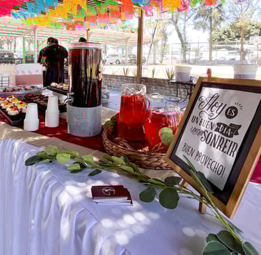 a table with a table cloth covered with a table cloth