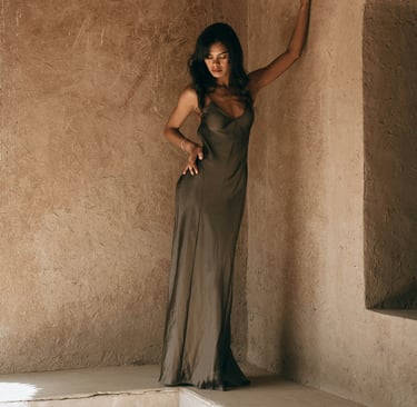 brown satin maxi dress
