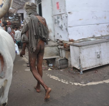 naked man walking the streets of Pushkar , Rajasthan, India