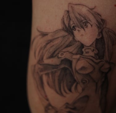 Tatouage Manga Evangelion Asuka réalisé par Margot Dubs Tattoo