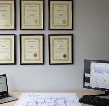 Office wall displaying ISO Certificates