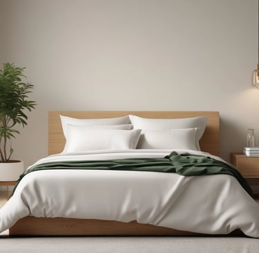 a bed with a blanket and a plant in the middle of it