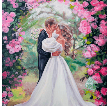 LIve wedding painting of a happy couple about to kiss 