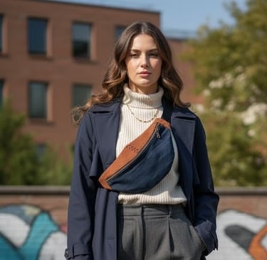 femme portant un sac banane bicolore en daim marron et denim bleu.