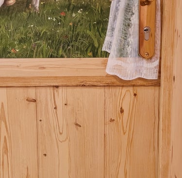 Faux bois et rideau en trompe-l'oeil pour intégrer une poignée de porte